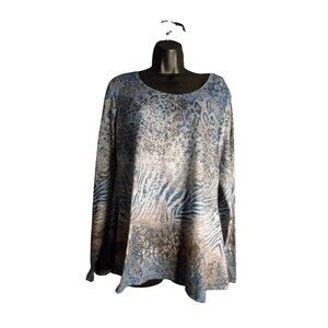 Madison & Berkeley Crochet Lace Back Blouse Size Large Blue & Gray Animal Print